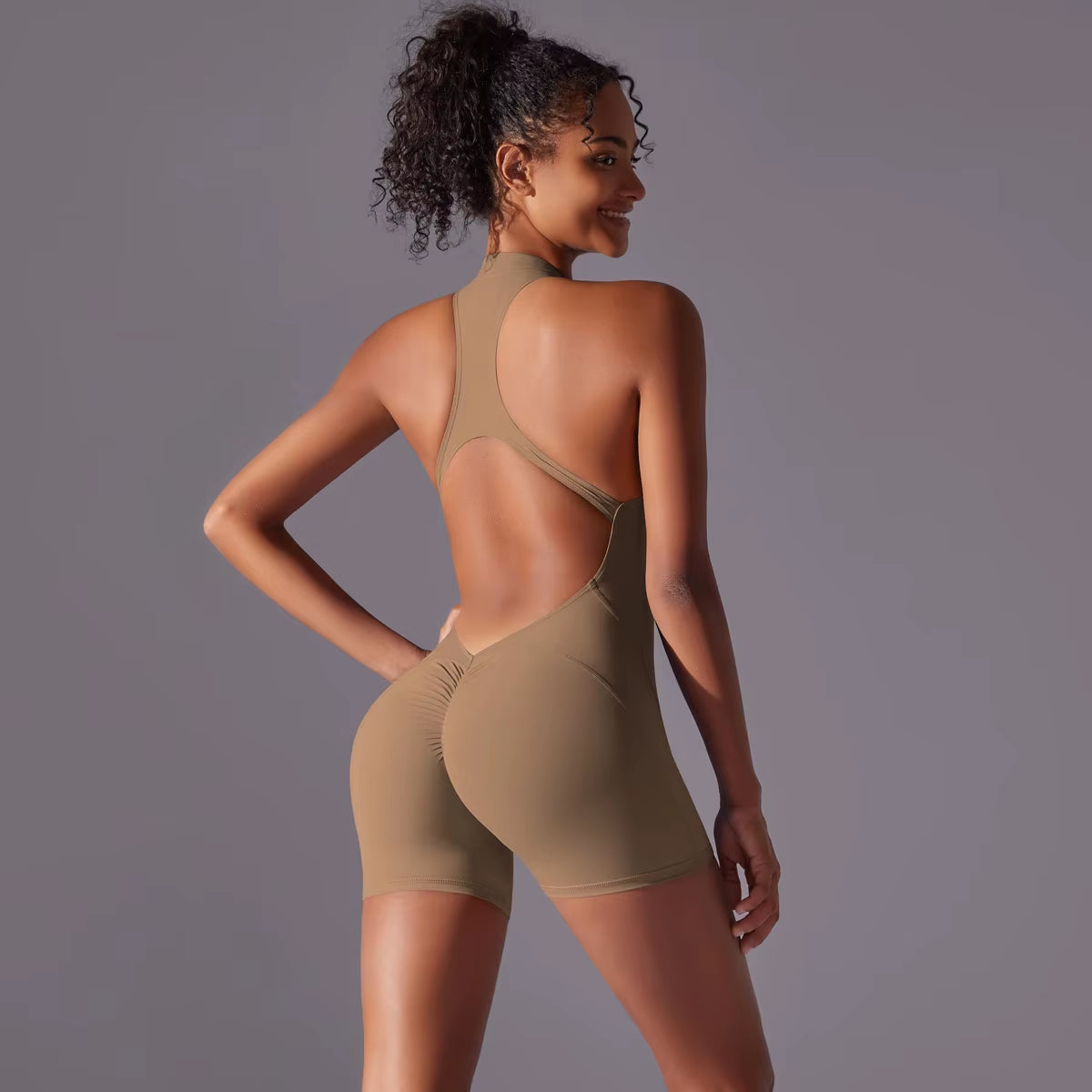 Half Zipper Women Bodysuits Gym Push up Workout Clothes Backless Scrunch Fitness Sports Yoga Bodysuit Sleeveles Fitness Jumpsuit