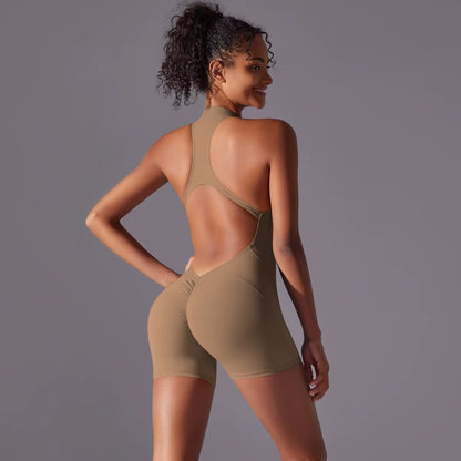 Half Zipper Women Bodysuits Gym Push up Workout Clothes Backless Scrunch Fitness Sports Yoga Bodysuit Sleeveles Fitness Jumpsuit